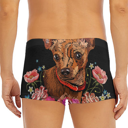 Embroidery Chihuahua And Flower Print Men's Short Boxer Briefs