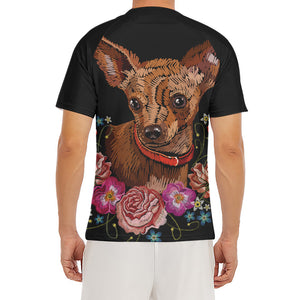 Embroidery Chihuahua And Flower Print Men's Short Sleeve Rash Guard