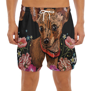 Embroidery Chihuahua And Flower Print Men's Split Running Shorts