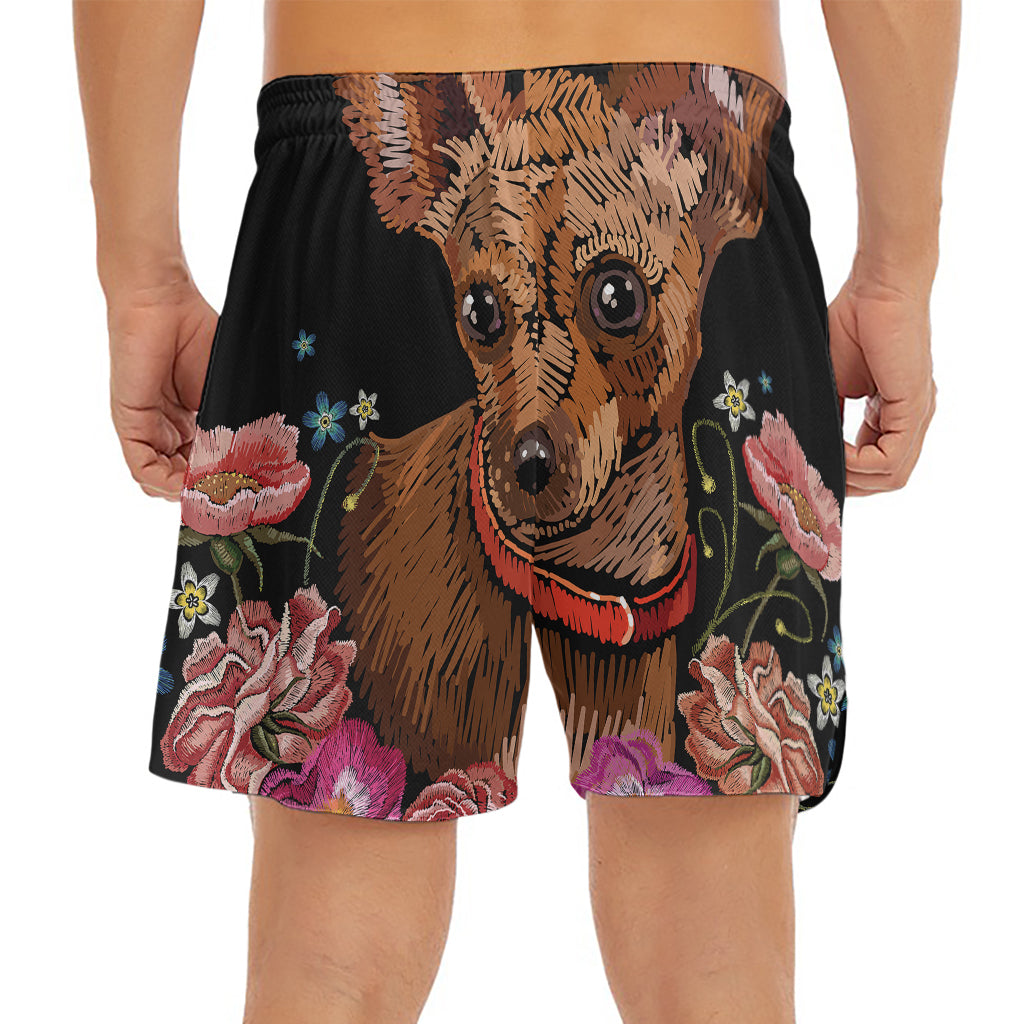 Embroidery Chihuahua And Flower Print Men's Split Running Shorts