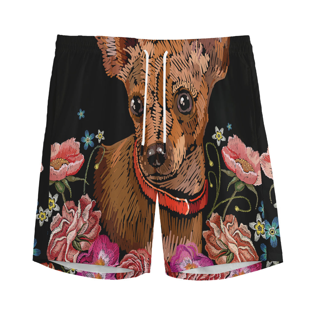 Embroidery Chihuahua And Flower Print Men's Sports Shorts