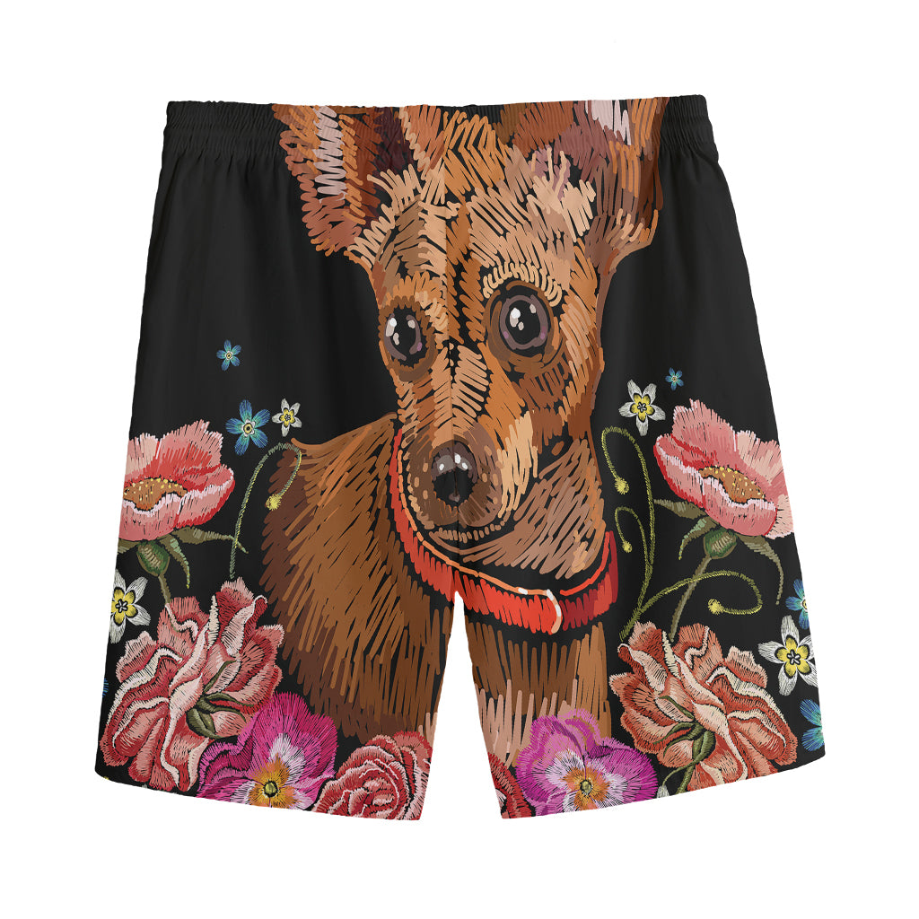 Embroidery Chihuahua And Flower Print Men's Sports Shorts