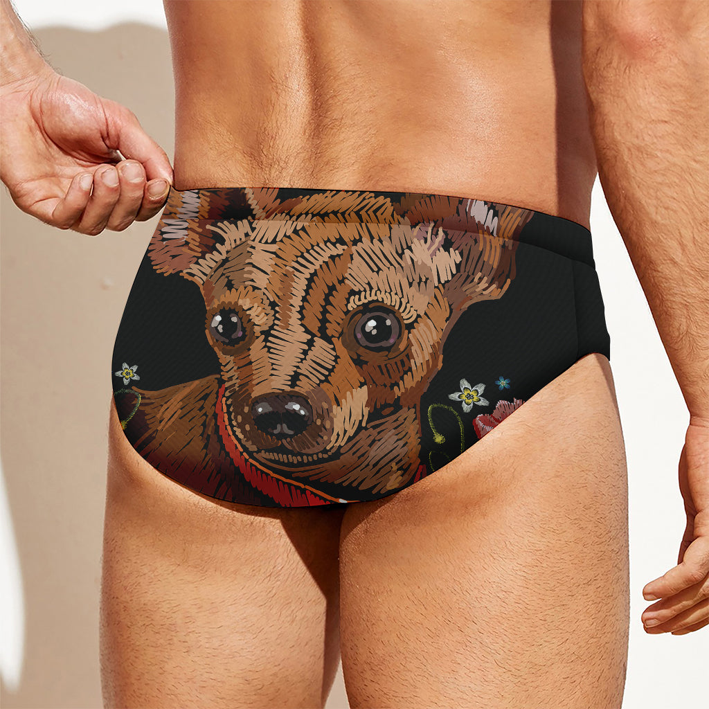 Embroidery Chihuahua And Flower Print Men's Swim Briefs