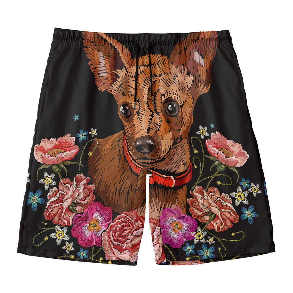 Embroidery Chihuahua And Flower Print Men's Swim Trunks