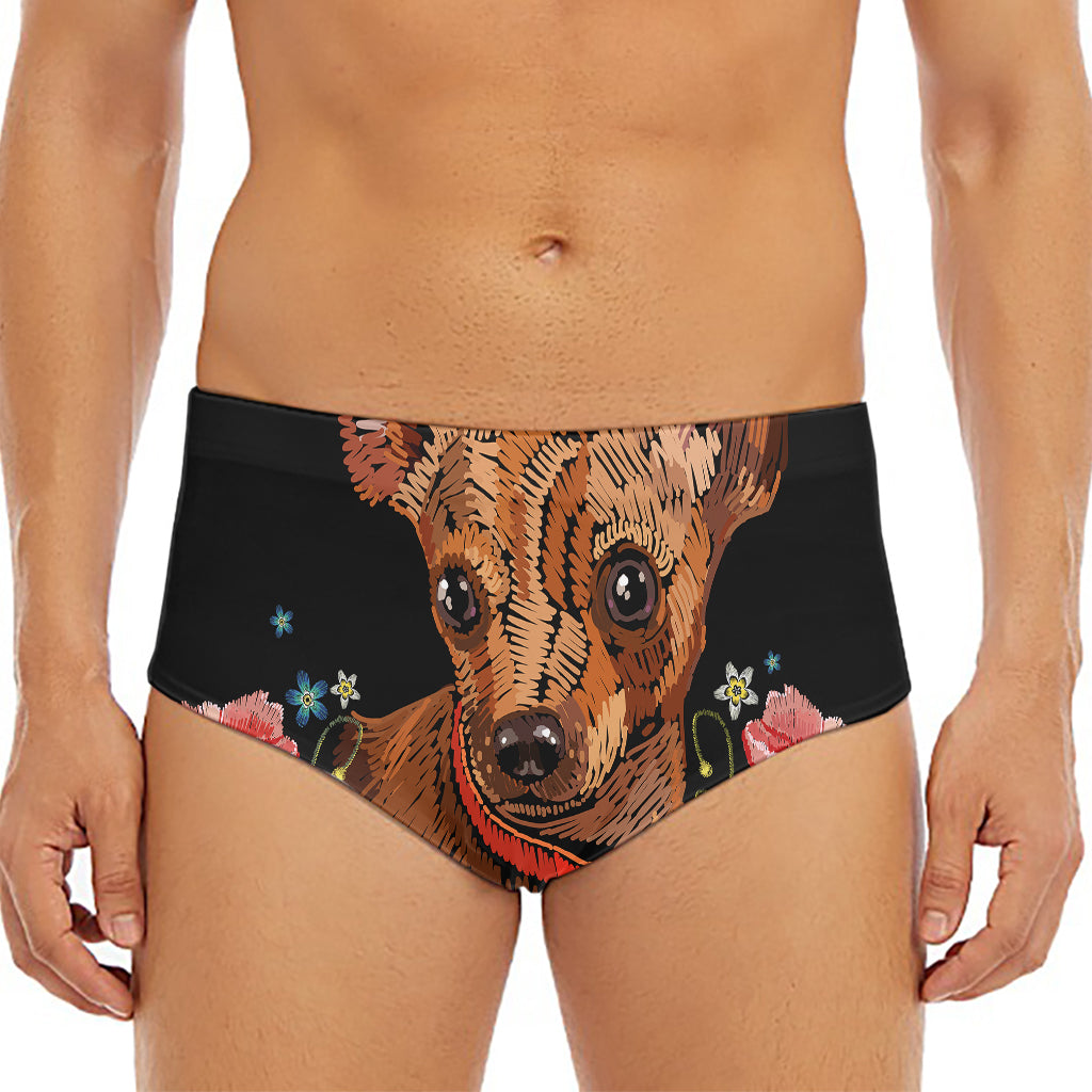 Embroidery Chihuahua And Flower Print Men's Triangle Swim Briefs