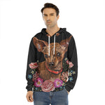 Embroidery Chihuahua And Flower Print Men's Velvet Pullover Hoodie