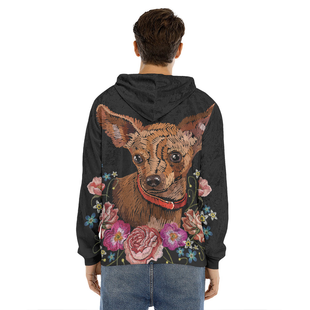 Embroidery Chihuahua And Flower Print Men's Velvet Pullover Hoodie