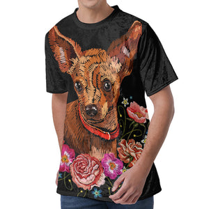 Embroidery Chihuahua And Flower Print Men's Velvet T-Shirt