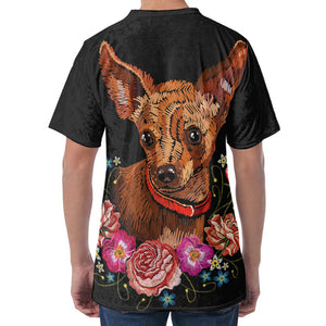 Embroidery Chihuahua And Flower Print Men's Velvet T-Shirt