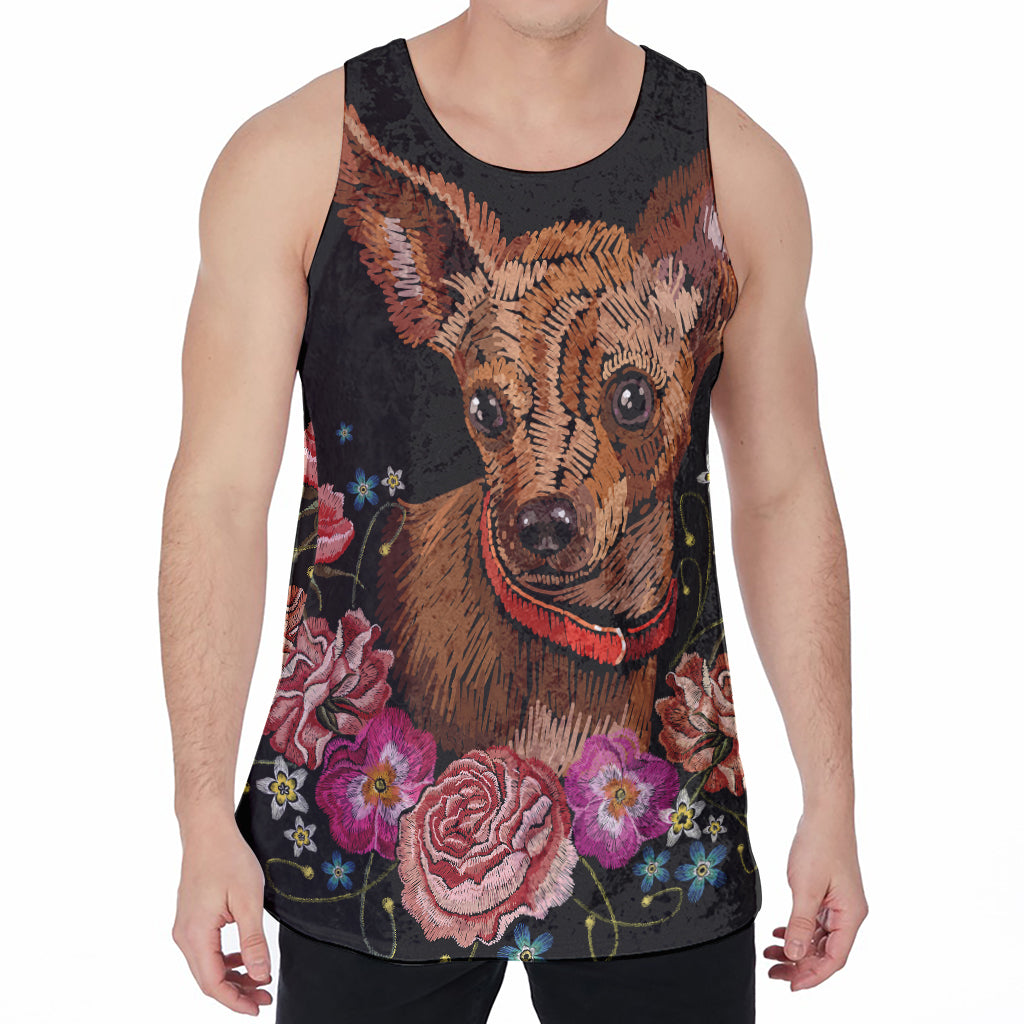 Embroidery Chihuahua And Flower Print Men's Velvet Tank Top