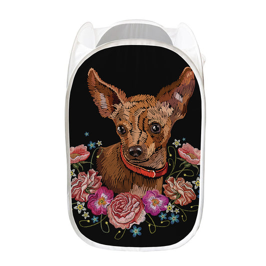 Embroidery Chihuahua And Flower Print Mesh Laundry Hamper