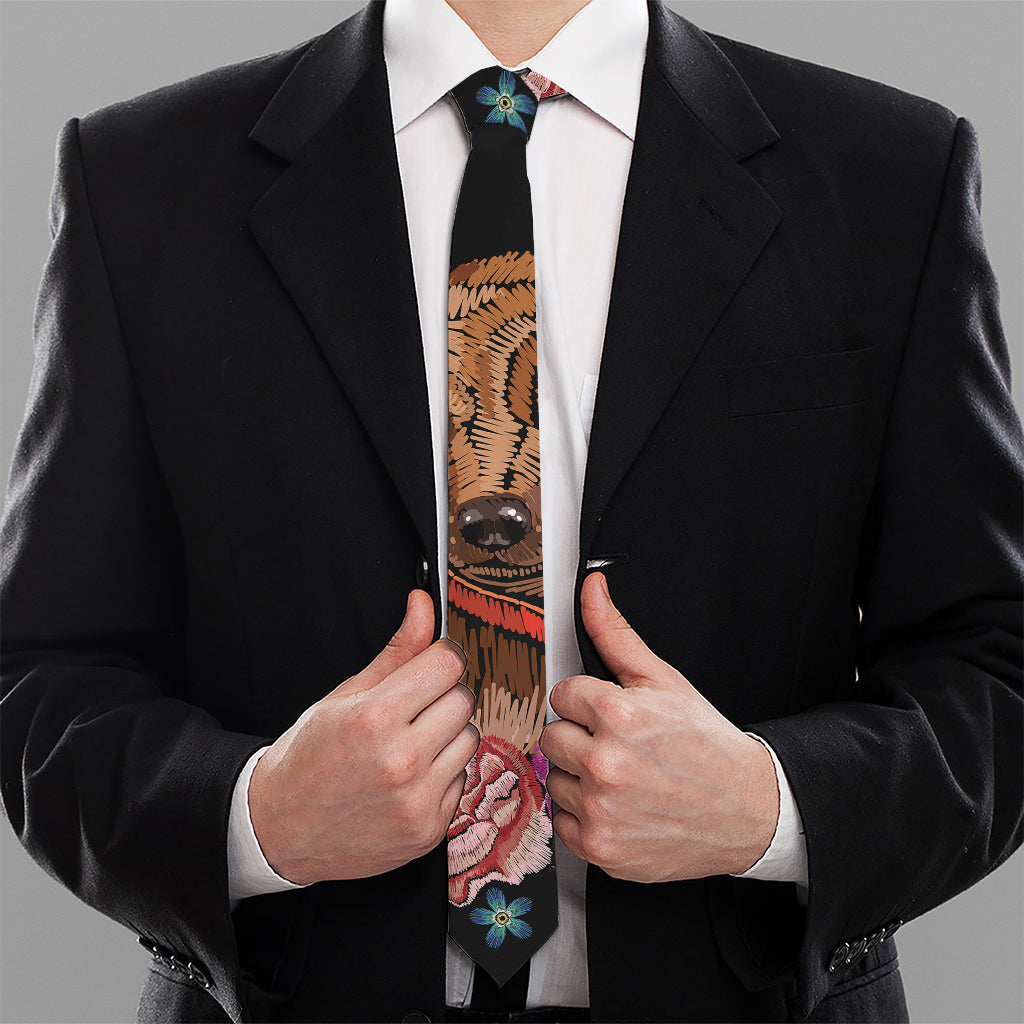 Embroidery Chihuahua And Flower Print Necktie