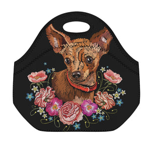 Embroidery Chihuahua And Flower Print Neoprene Lunch Bag