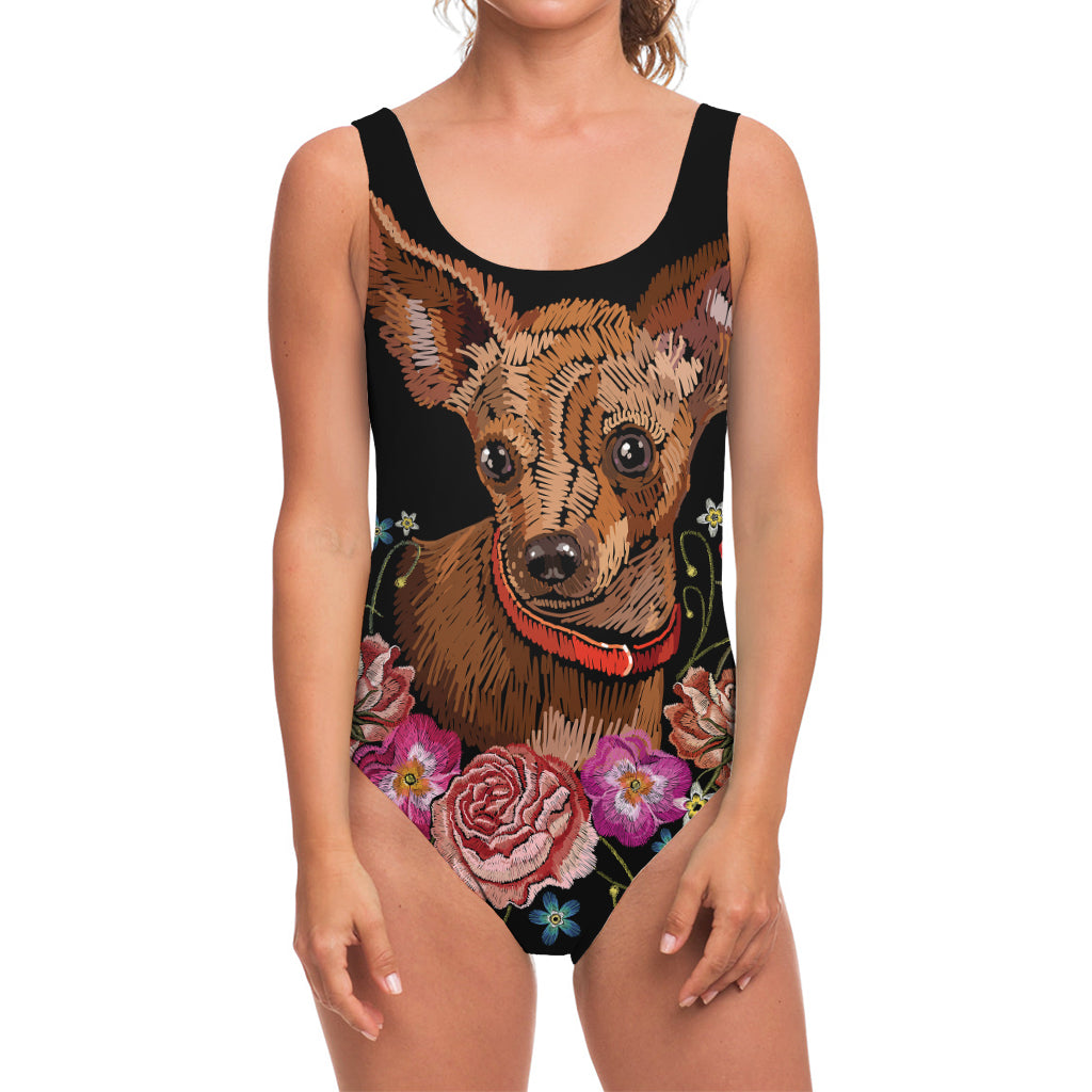 Embroidery Chihuahua And Flower Print One Piece Swimsuit