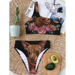 Embroidery Chihuahua And Flower Print One Shoulder Bikini Top