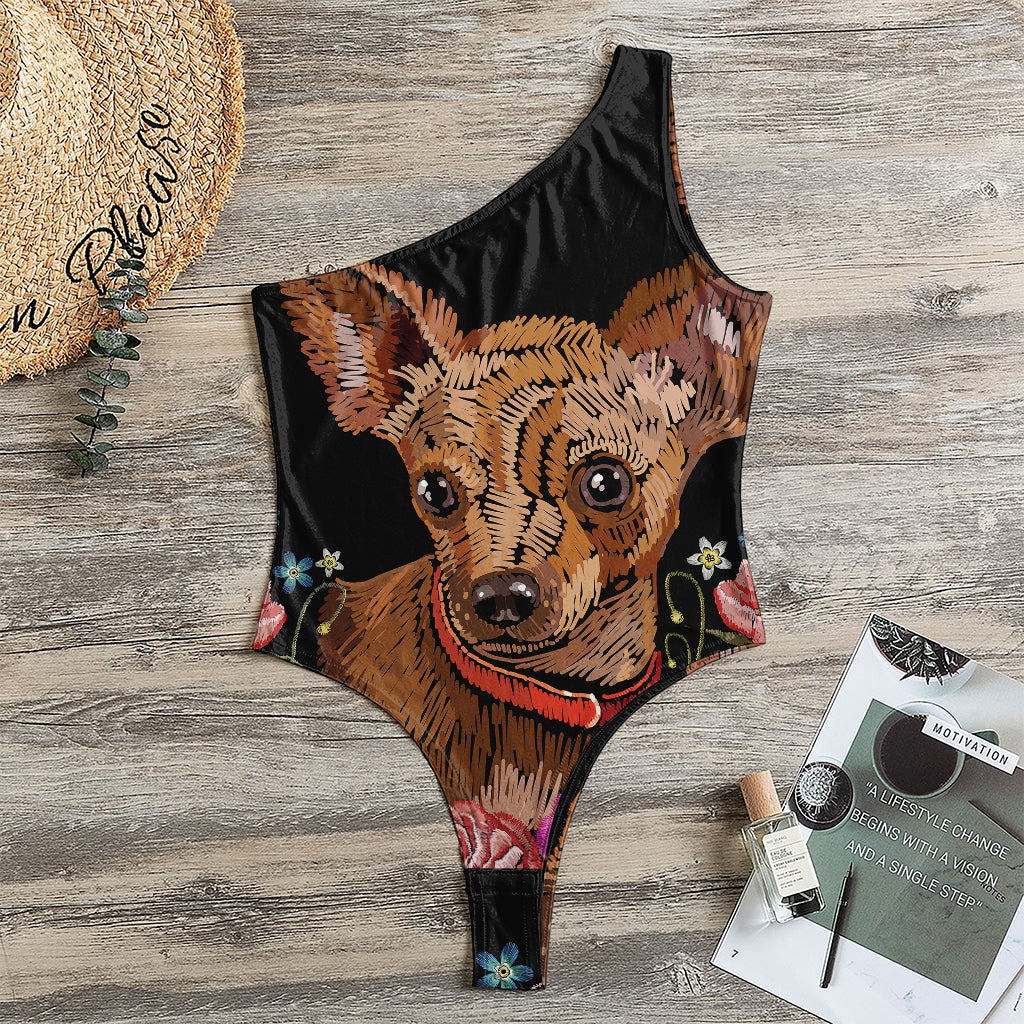 Embroidery Chihuahua And Flower Print One Shoulder Bodysuit