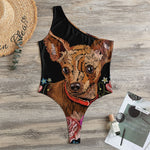 Embroidery Chihuahua And Flower Print One Shoulder Bodysuit