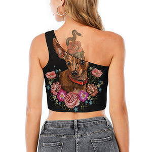 Embroidery Chihuahua And Flower Print One Shoulder Crop Top