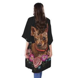 Embroidery Chihuahua And Flower Print Open Front Beach Cover Up