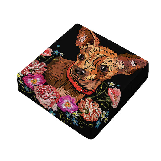 Embroidery Chihuahua And Flower Print Outdoor Seat Cushion Cover
