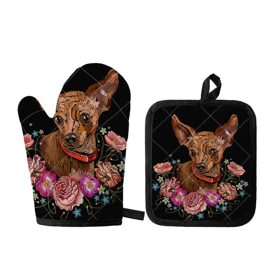 Embroidery Chihuahua And Flower Print Oven Mitt And Pot Holder Set