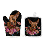 Embroidery Chihuahua And Flower Print Oven Mitt And Pot Holder Set