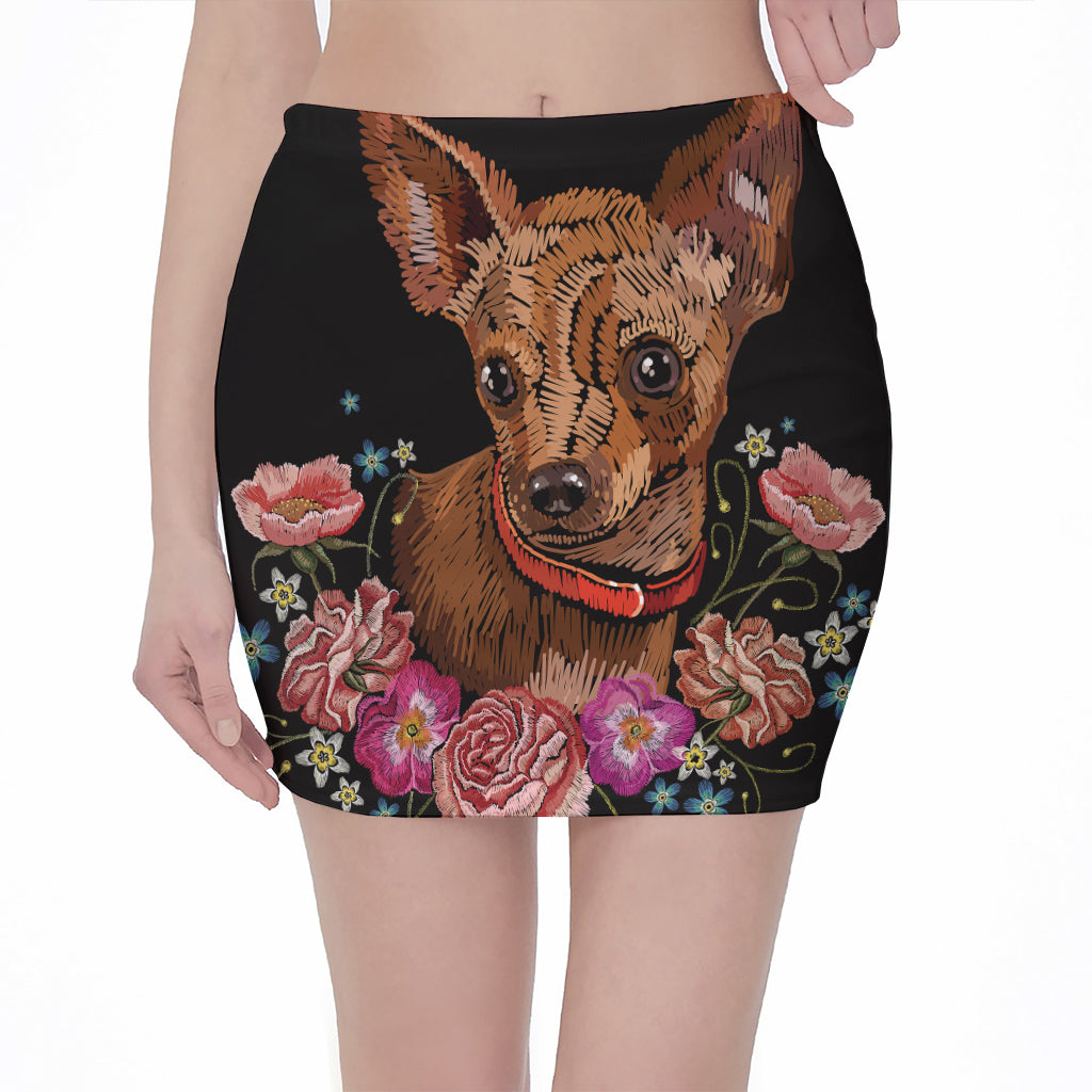 Embroidery Chihuahua And Flower Print Pencil Mini Skirt