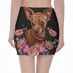 Embroidery Chihuahua And Flower Print Pencil Mini Skirt