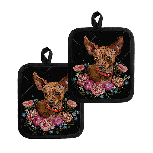 Embroidery Chihuahua And Flower Print Pot Holders