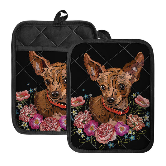 Embroidery Chihuahua And Flower Print Pot Holders With Pocket