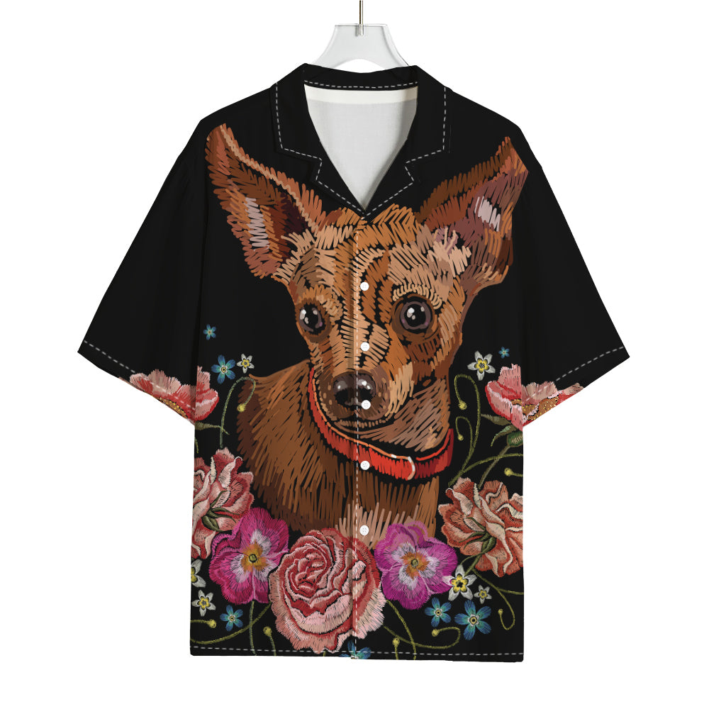 Embroidery Chihuahua And Flower Print Rayon Hawaiian Shirt