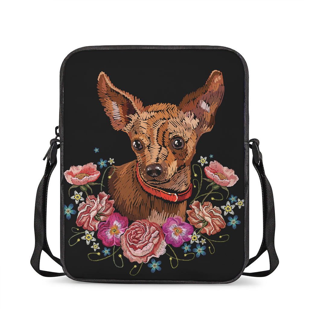 Embroidery Chihuahua And Flower Print Rectangular Crossbody Bag
