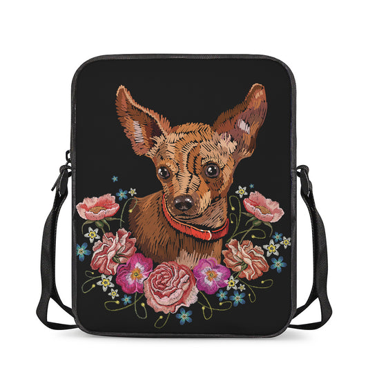 Embroidery Chihuahua And Flower Print Rectangular Crossbody Bag