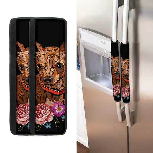 Embroidery Chihuahua And Flower Print Refrigerator Handle Covers