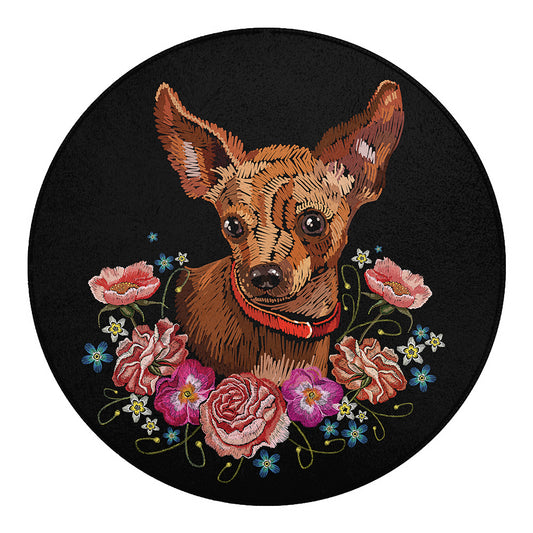 Embroidery Chihuahua And Flower Print Round Blanket