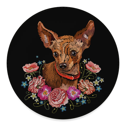 Embroidery Chihuahua And Flower Print Round Floor Mat