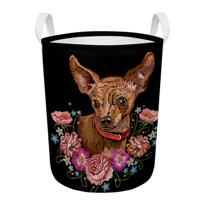 Embroidery Chihuahua And Flower Print Round Laundry Basket