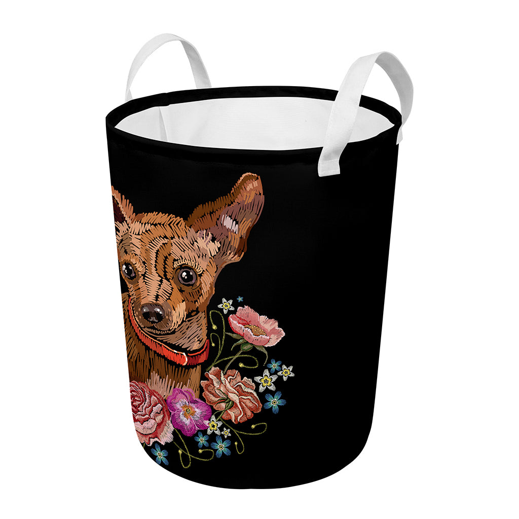 Embroidery Chihuahua And Flower Print Round Laundry Basket