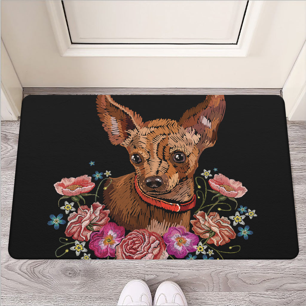 Embroidery Chihuahua And Flower Print Rubber Doormat