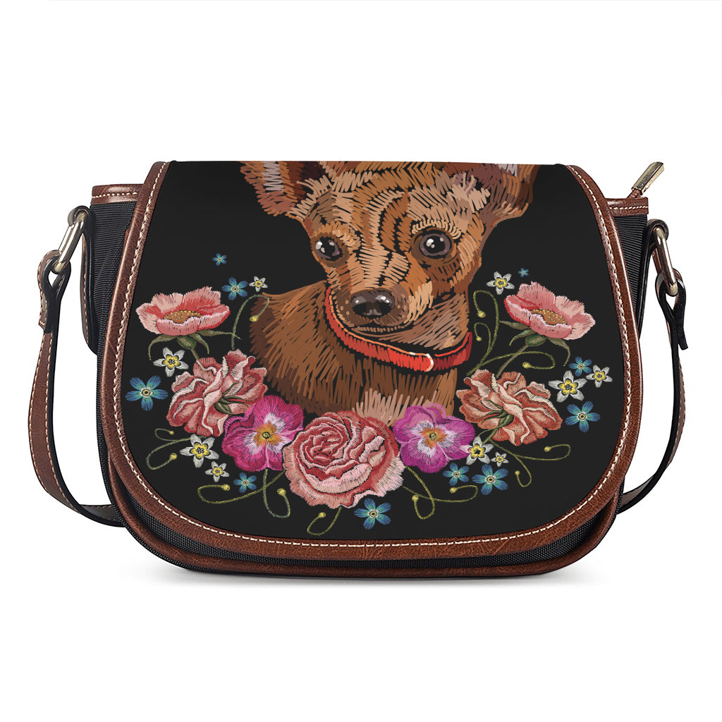 Embroidery Chihuahua And Flower Print Saddle Bag