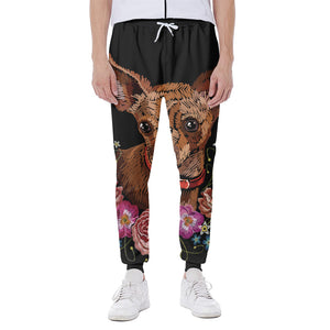 Embroidery Chihuahua And Flower Print Scuba Joggers