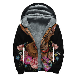 Embroidery Chihuahua And Flower Print Sherpa Lined Zip Up Hoodie