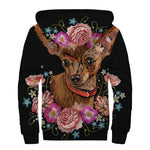 Embroidery Chihuahua And Flower Print Sherpa Lined Zip Up Hoodie