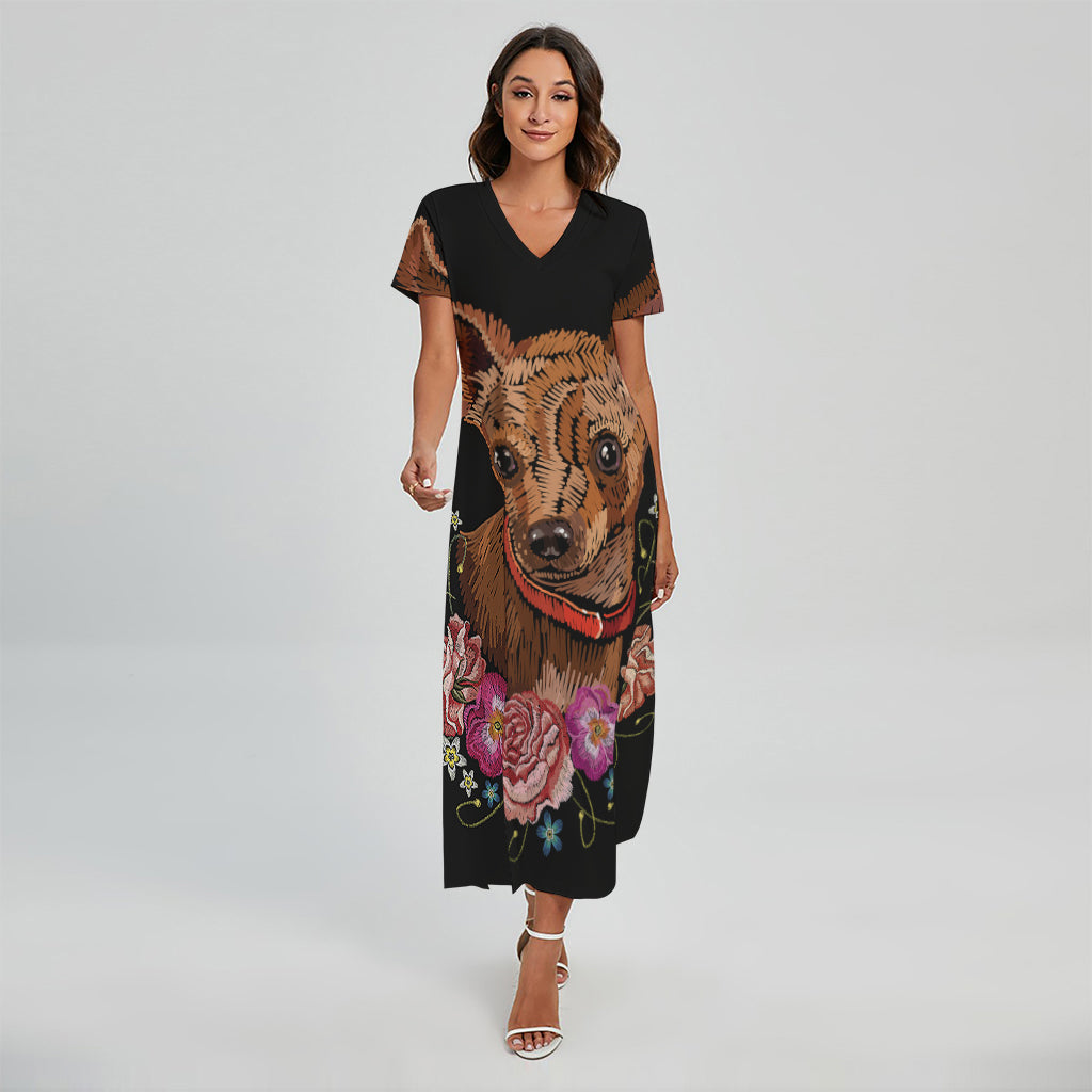 Embroidery Chihuahua And Flower Print Short Sleeve Maxi Dress