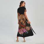 Embroidery Chihuahua And Flower Print Short Sleeve Maxi Dress