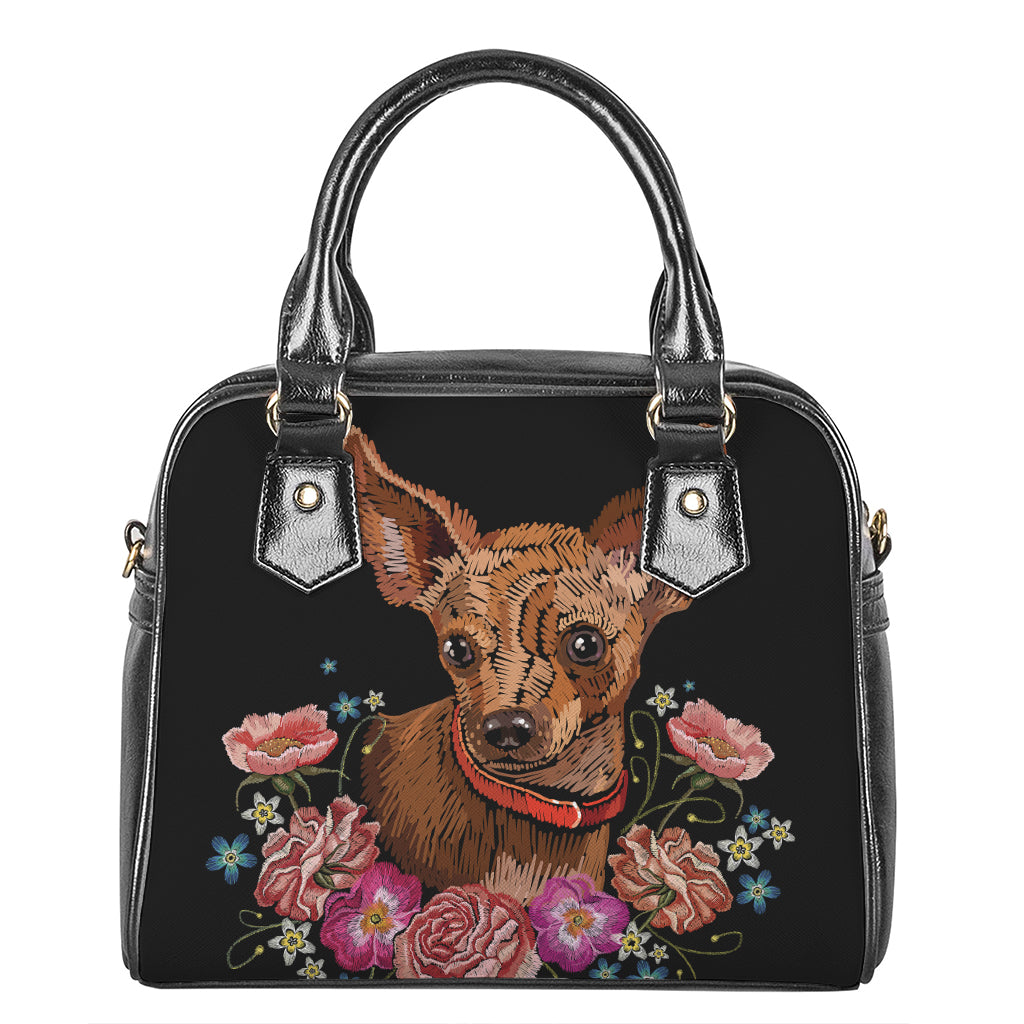 Embroidery Chihuahua And Flower Print Shoulder Handbag