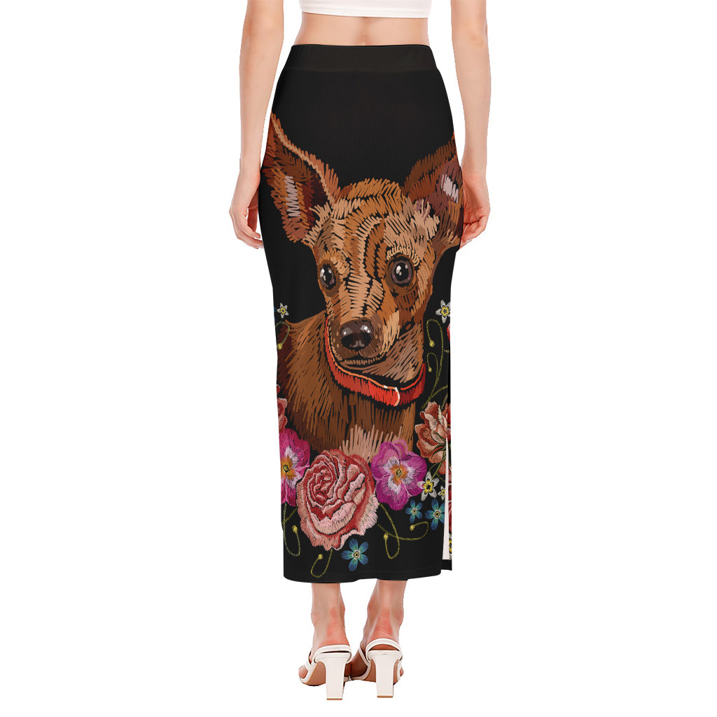 Embroidery Chihuahua And Flower Print Side Slit Maxi Skirt