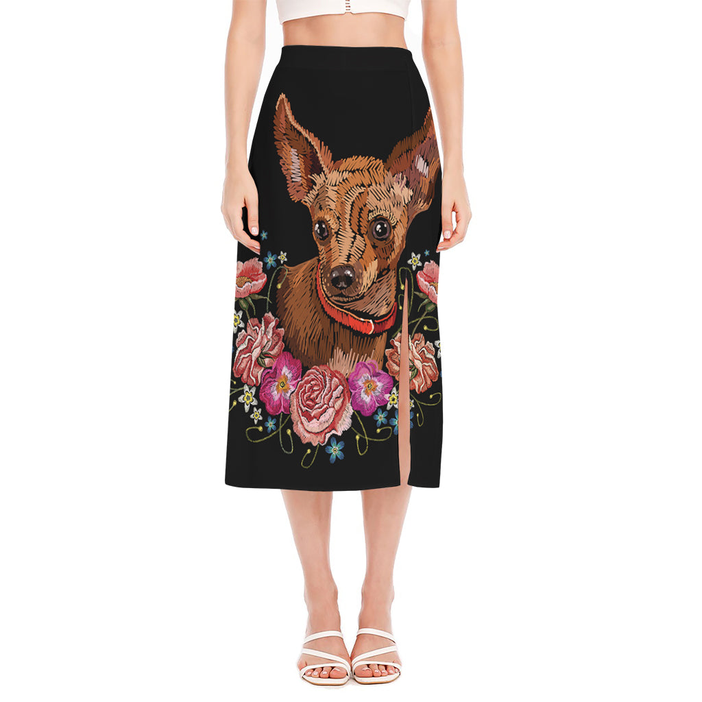 Embroidery Chihuahua And Flower Print Side Slit Midi Skirt