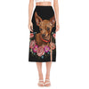 Embroidery Chihuahua And Flower Print Side Slit Midi Skirt