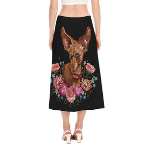 Embroidery Chihuahua And Flower Print Side Slit Midi Skirt